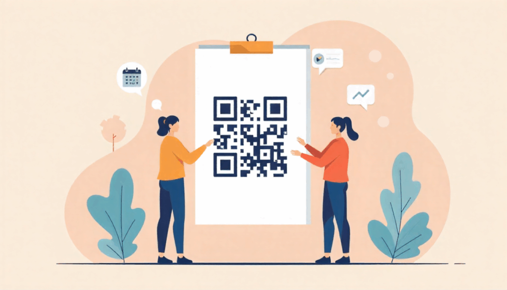 Two women holding a large clipboard with an event marketing QR Code on it.