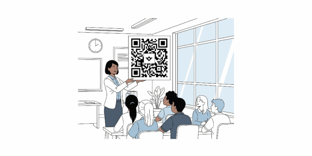 A teacher showing a Microsoft forms QR Code to her students.