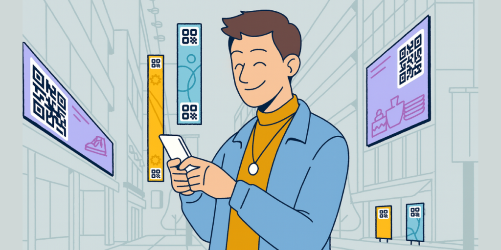 A person holding a QR Code surrounded by many designs and ads which have dummy QR Codes on them.