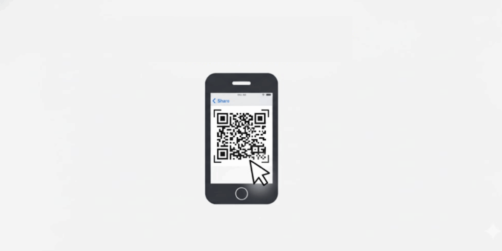 An iPhone with a QR Code displayed on the screen.