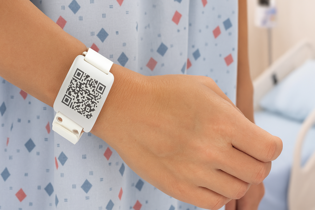 A patient wearing a QR Code bracelet in hospital setting.