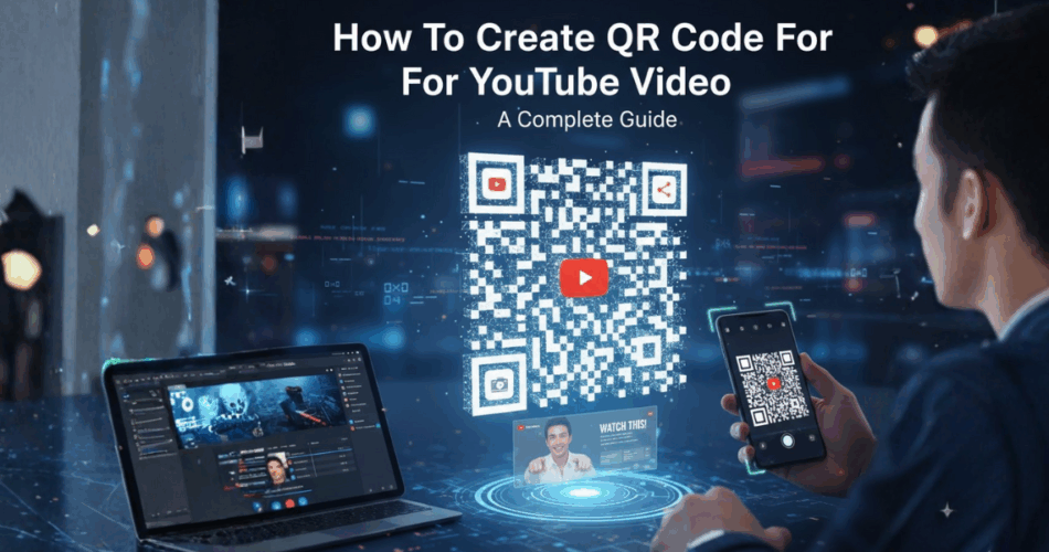 A man scanning a YouTube QR Code from a virtual floating screen.