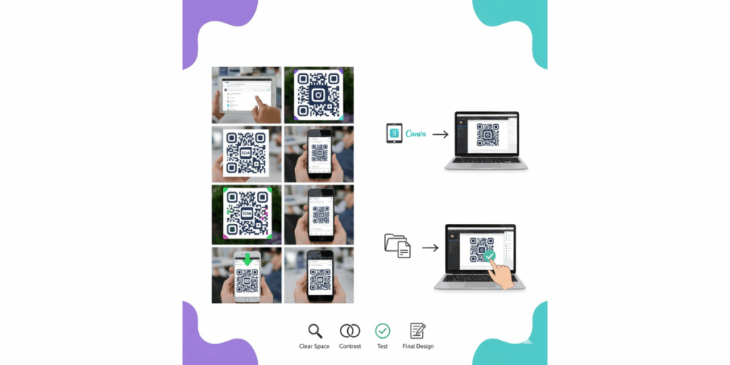 A pictorial guide on how to make QR Codes using Scanova app on Canva.