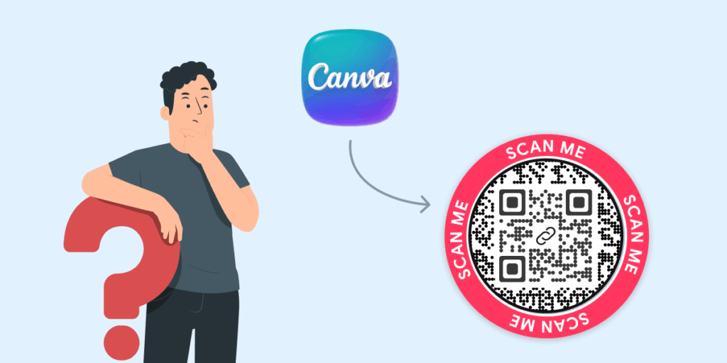 A man wondering how to make QR Codes using Scanova app on Canva.
