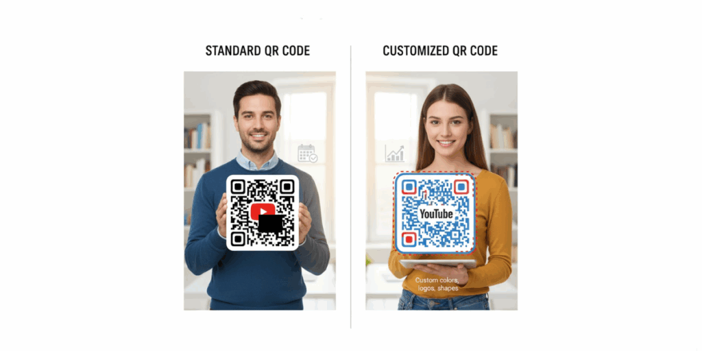 The difference between a standard and a customized QR Code, as shown by two people.