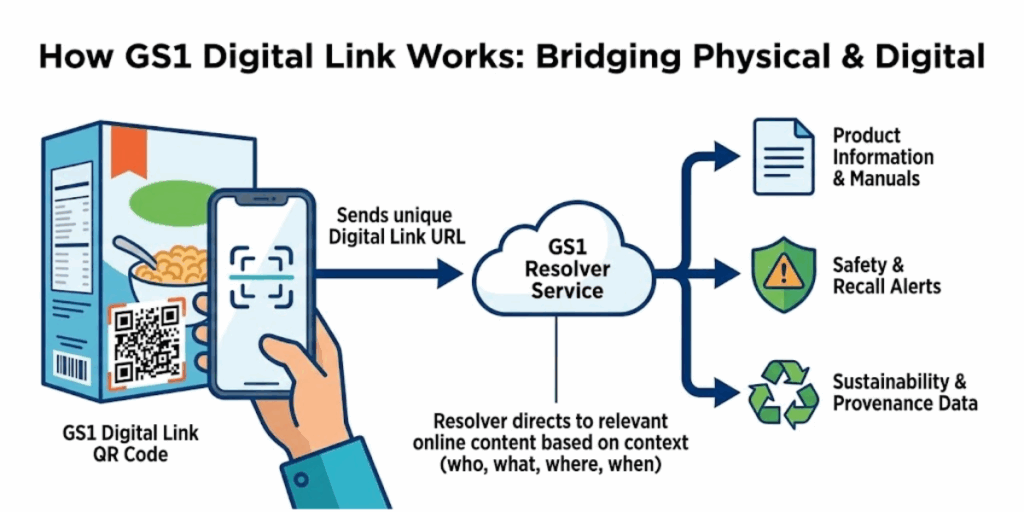A chart showing the working of a GS1 digital link.