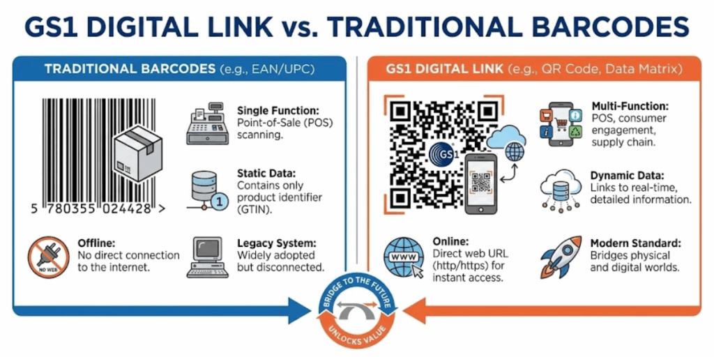 The difference between a GS1 digital link and a barcode.