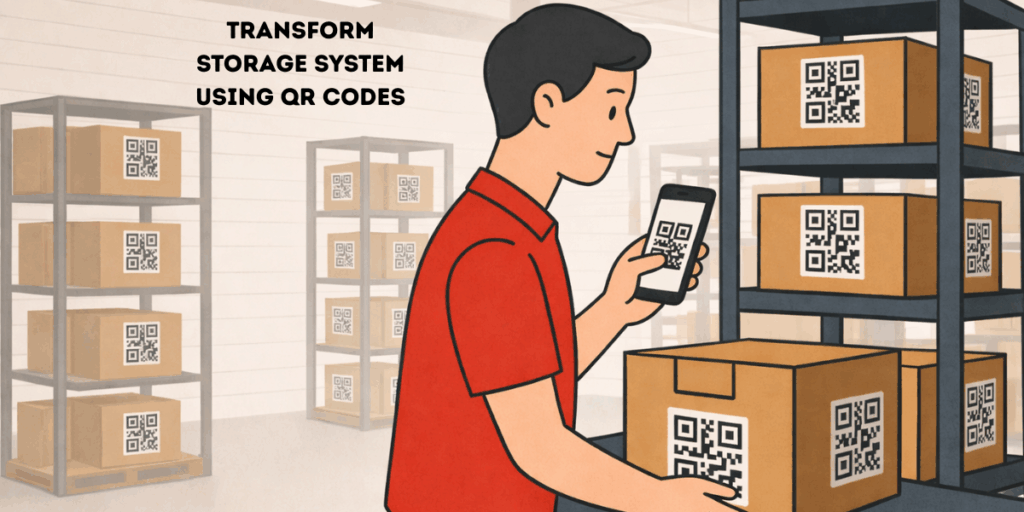 A man inside a warehouse with boxes bearing QR Codes.