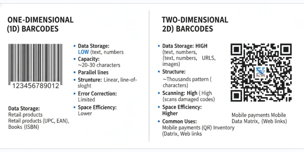 Difference between a 1D Barcode and a 2D barcode.