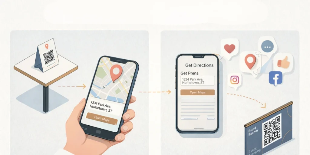 A mobile phone and a QR Code table tent showing how to add location QR Code in Canva.