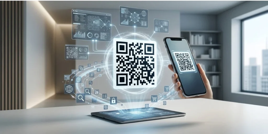 A human hand holding a smartphone, scanning a floating QR Code.