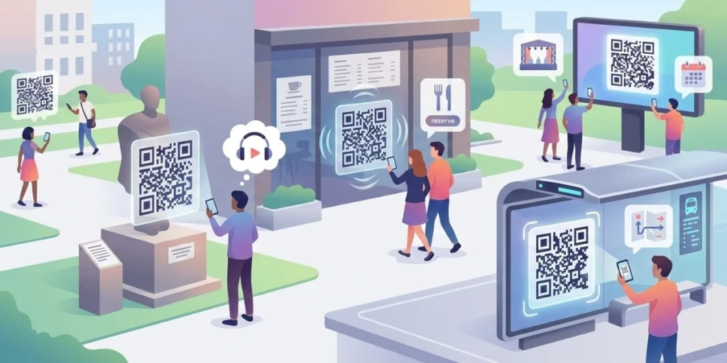 People using floating QR Codes in their daily lives.