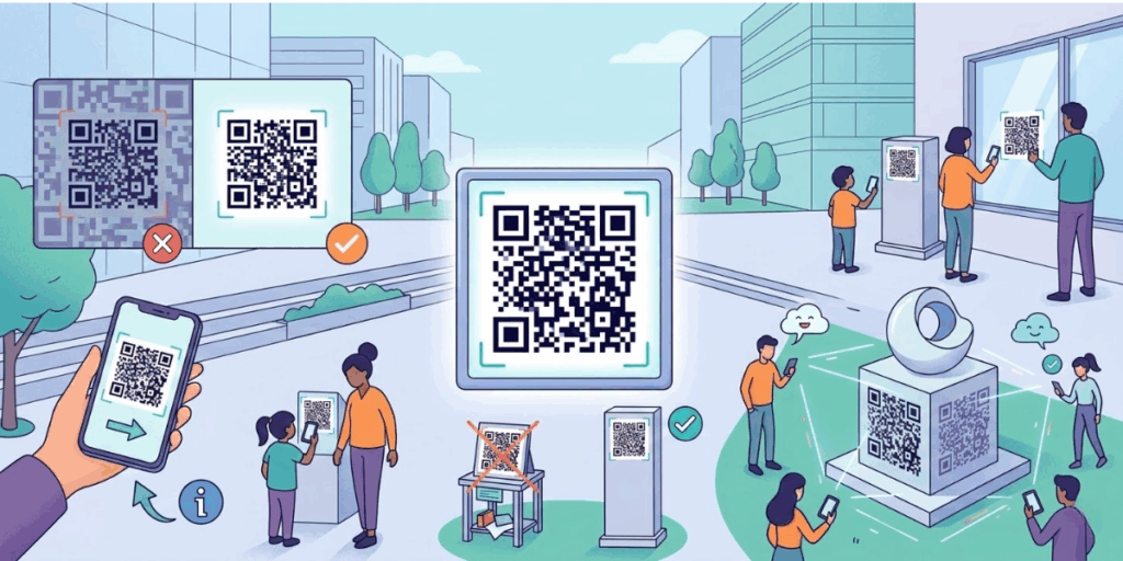 A large campus with various people and QR Codes.