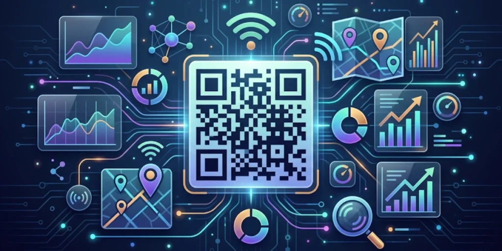 A QR Code generator with feature icons floating around.