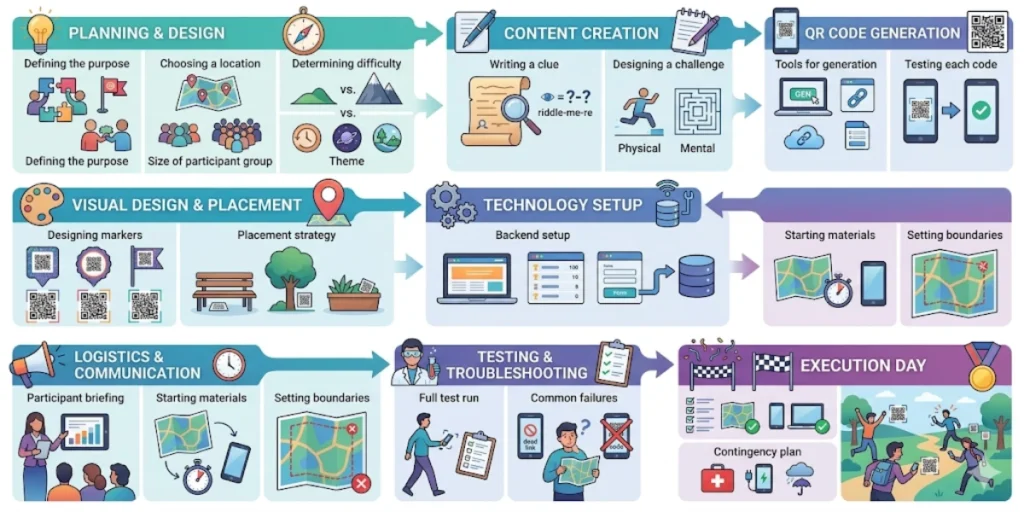 The process of settiung up a QR Code scavenger hunt.