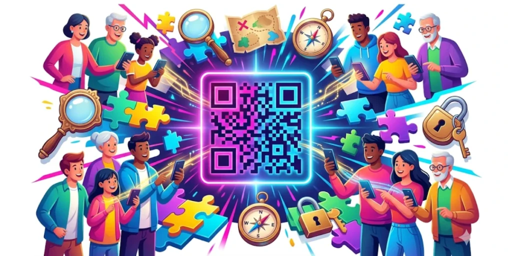 People scanning a QR Code scavenger hunt with their smartphones.