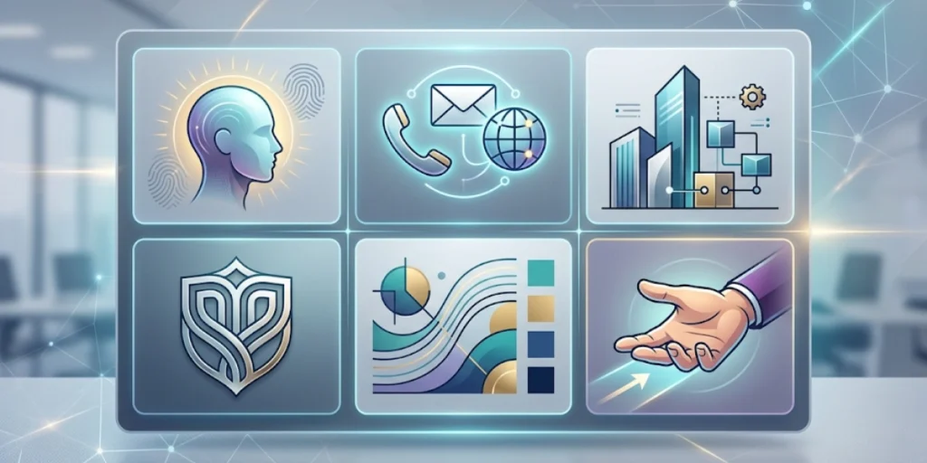 6 different image panels showing information to go on a business card.