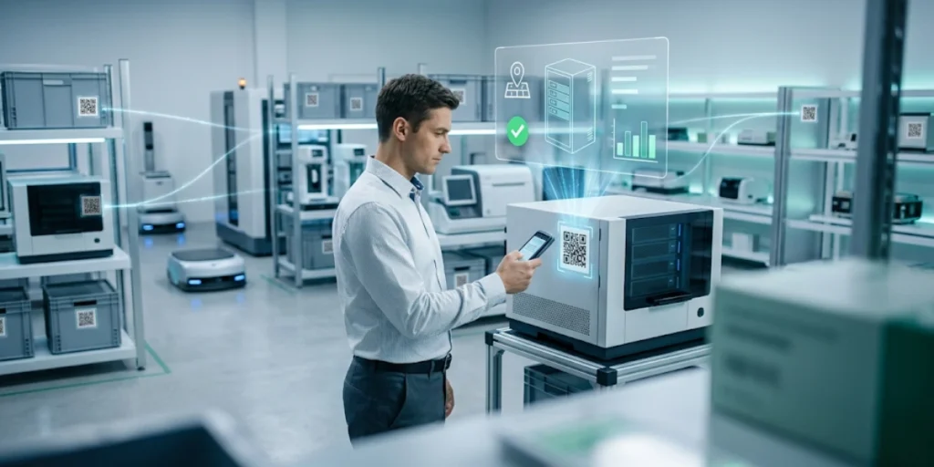 A man scanning a QR Code from his smartphone.