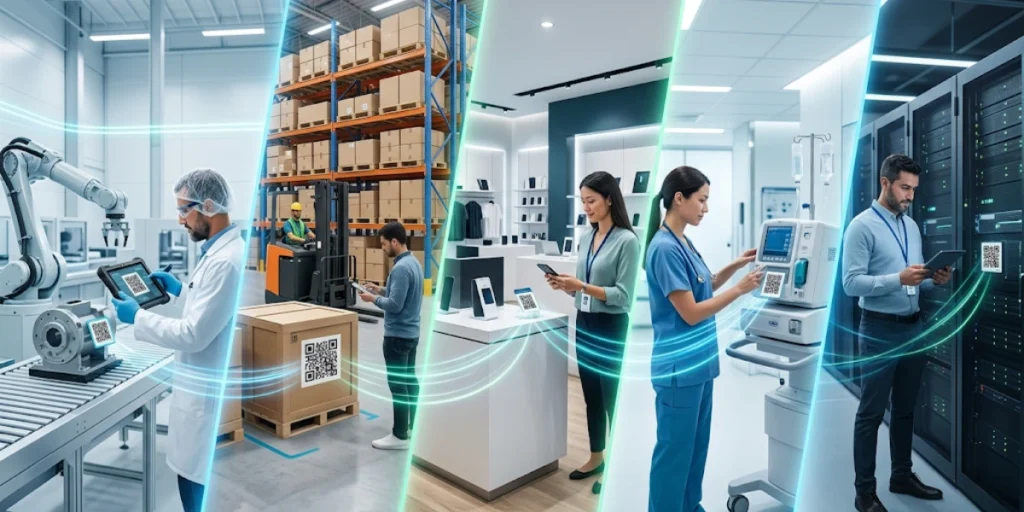 Different industries using QR Code asset tags.