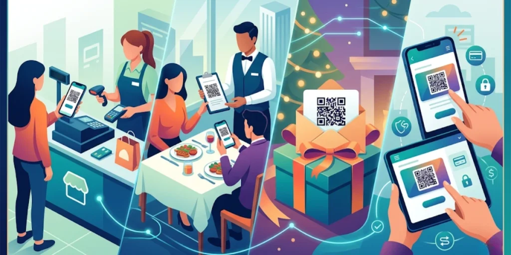 People using QR Code gift cards in various settings.