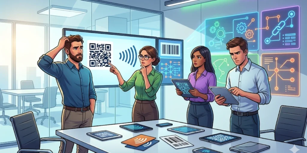 People looking confused in a meeting room while choosing QR Code alternatives.