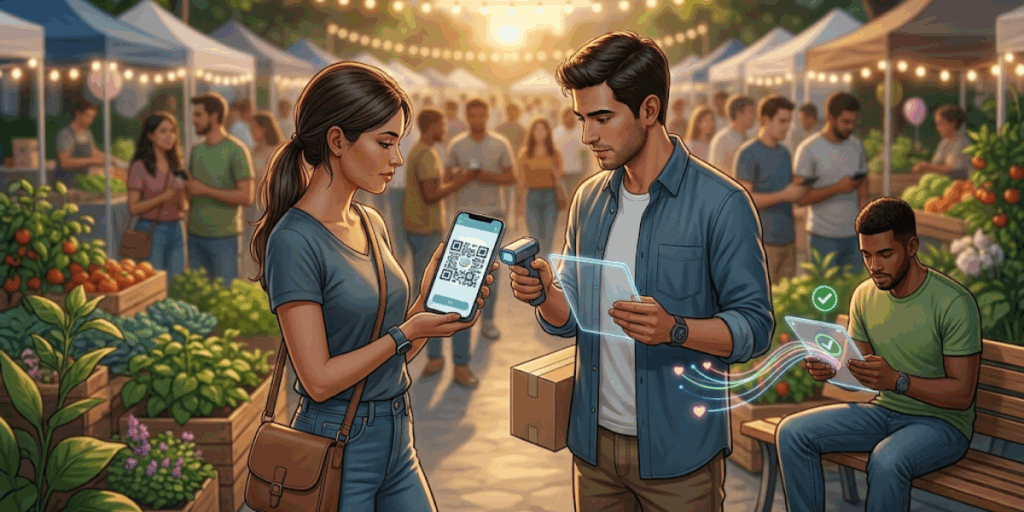 A man scanning an Amazon wishlist QR Code on a smartphone held by a woman.