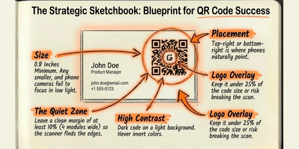 The design rules to follow while creating a QR Code visiting card.
