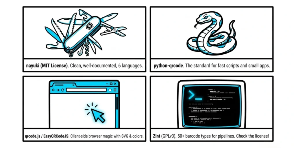 Different types of open source tools for QR Code creation.