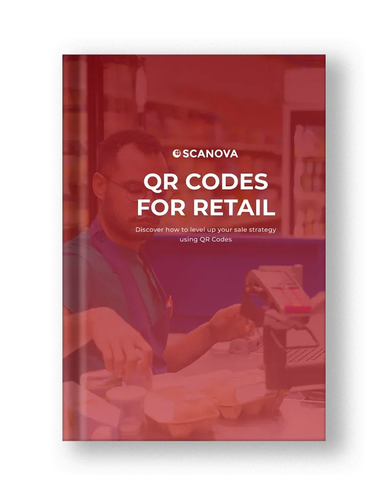 Red e-book titled 'QR Codes for Retail' with Scanova’s logo, providing insights to enhance sales and attract new customers.