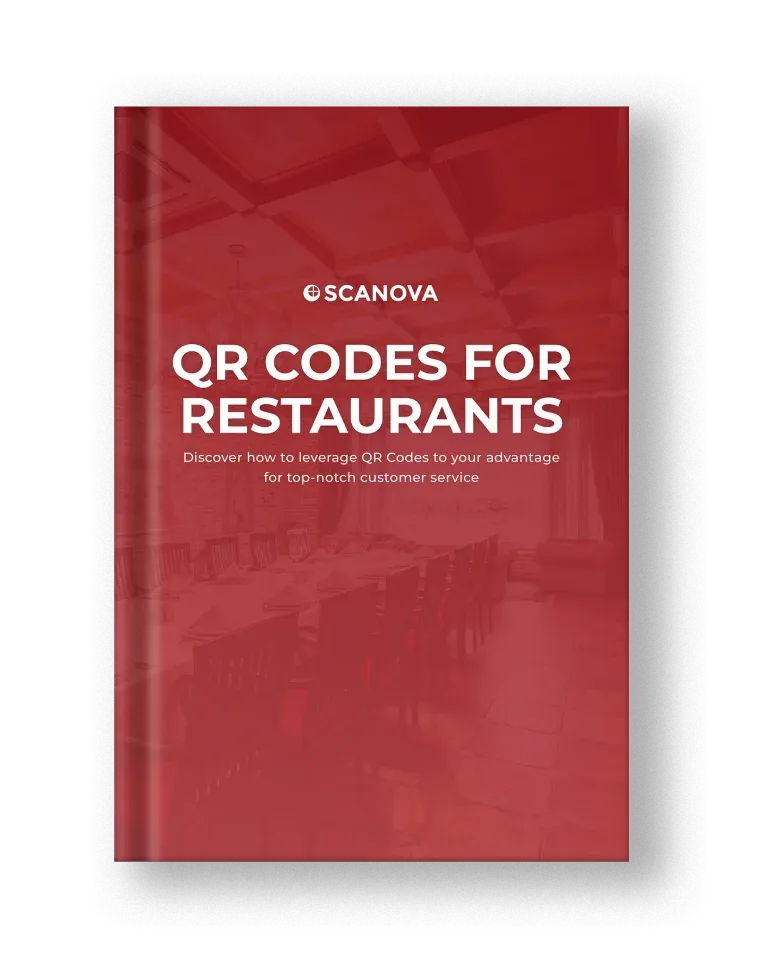 Red book titled 'QR Codes for Restaurants' with Scanova logo, offering tips on using QR codes to enhance customer service.