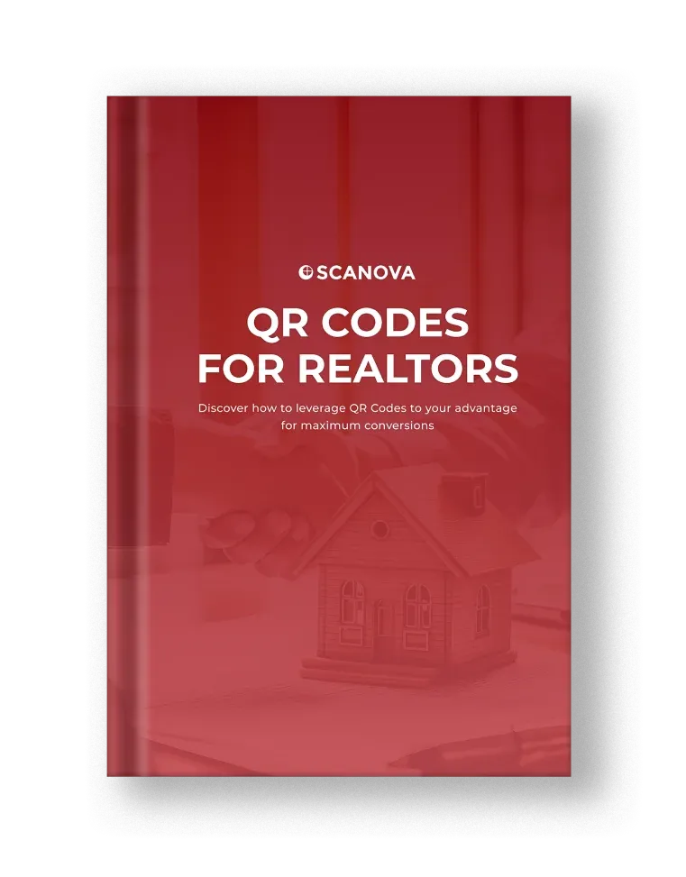 Red e-book cover titled 'QR Codes for Realtors' with Scanova’s logo, offering tips to close real estate deals faster with QRs