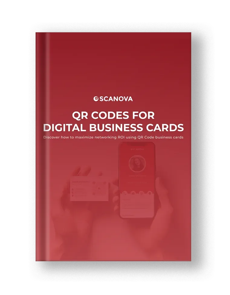 Red e-book cover titled 'QR Codes for Digital Business Cards' with Scanova’s logo, offering tips to enhance your networking.