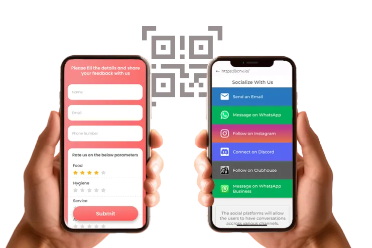 Two screens showing a feedback form and a social media landing page after scanning a QR code, boosting customer interaction.