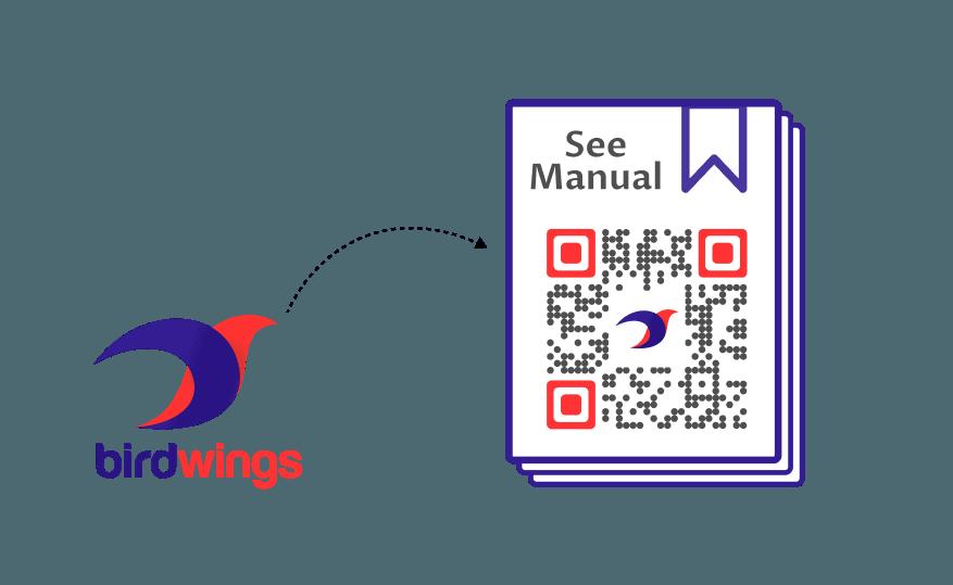 Frame design with 'See Manual' text and Birdwing's logo showcasing branded integration with colors, fonts, and logo.