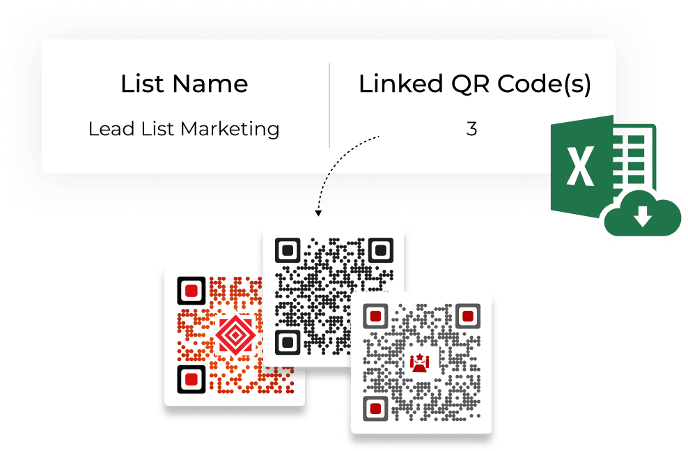 Lead list name and linked QR codes, with an Excel logo indicating export options in CSV/Excel in QR code lead generation.
