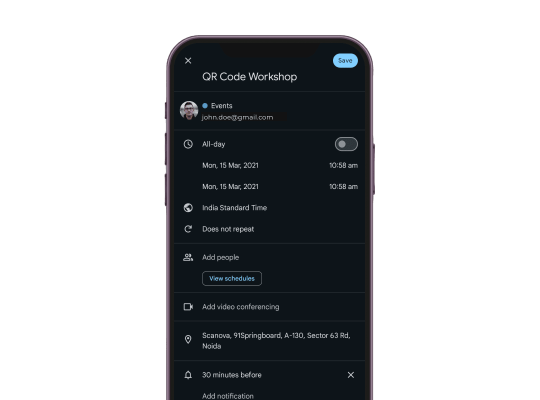 Mobile screen showing workshop details with calendar event type of QR Code to quickly add event to calendar for easy recall.