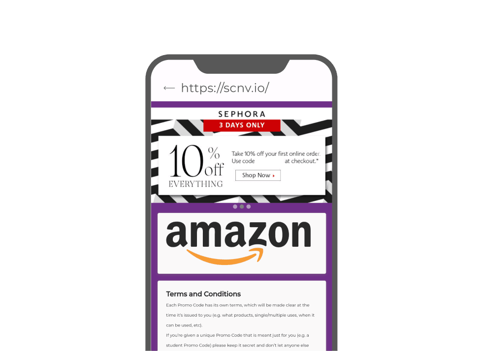 Amazon's QR code mobile landing page with 10% off Sephora coupon; scan coupon QR for a customized page for exclusive savings.