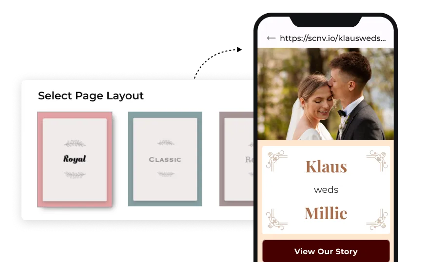 A customized Wedding QR Code landing page created from Scanova's pre-designed page layouts.