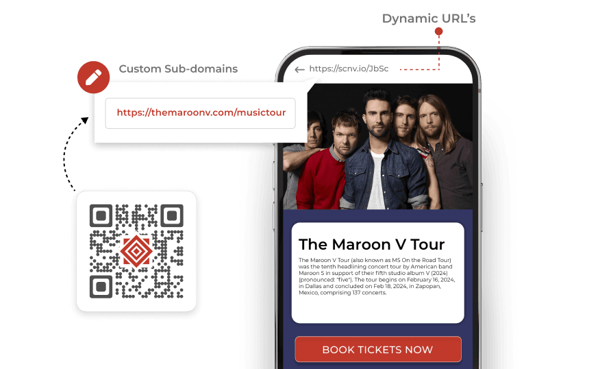 Mobile showing concert's booking page, replacing dynamic URL with personalized subdomain with enterprise QR code generator.