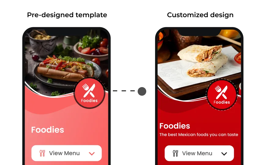 Visual depicting a pre-designed Restaurant QR Code landing page template being customized as per need.