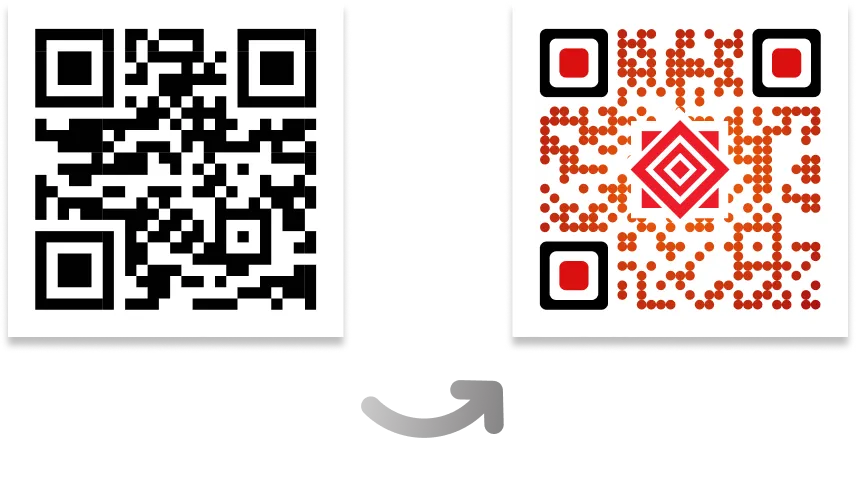 Plain black-and-white QR code transformed into a colorful and customized design, enhancing its visual appeal for more scans.