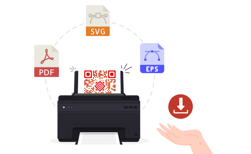 A printer producing high quality QR, surrounded by vector formats like SVG, EPS, and PDF, ideal for designers & printers.
