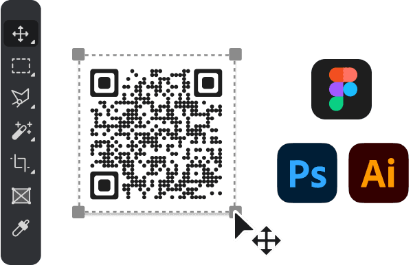 QR code with editing options and Figma, Photoshop, Adobe logos, showcasing tools for generating high-resolution QR codes.