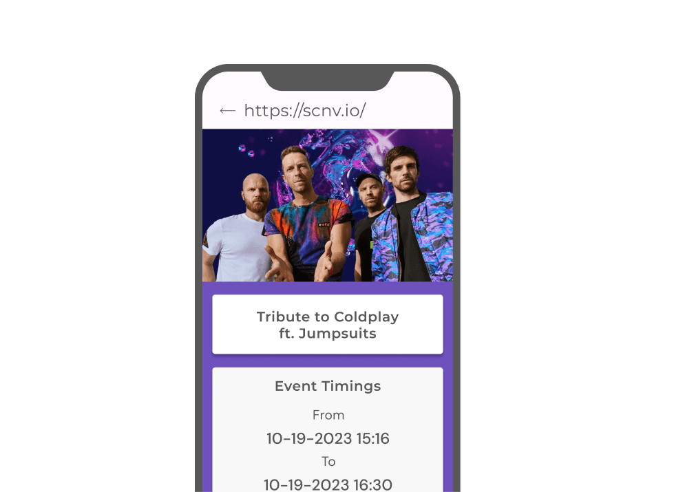 Mobile showing Coldplay concert details with event QR code for easy access to QR code content like date, RSVP options, etc.