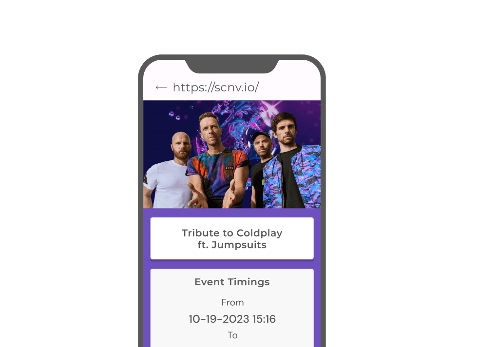 Mobile QR landing page for Coldplay concert with event QR code; scan for details like date, RSVP options, and more.