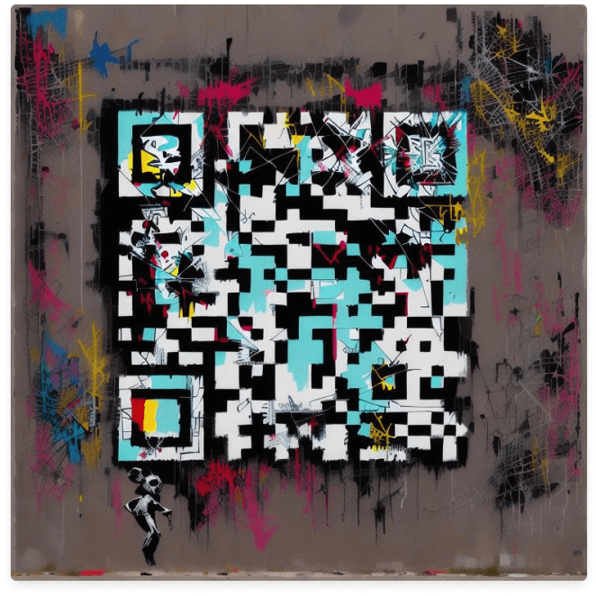An AI-generated QR code featuring a lively graffiti mural, vibrant colors, detailed stencil work, and confident brushstrokes.