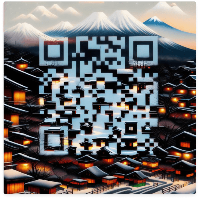 Un sereno pueblo japonés nevado capturado en un estilo de impresión tradicional ukiyo-e, que representa una pintoresca calle bordeada de casas de madera, linternas que iluminan la suave nevada y un majestuoso Monte Fuji al fondo. 
