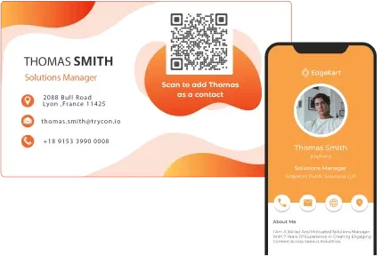 Business card of Thomas Smith with a QR code linking to a digital business card for seamless networking.