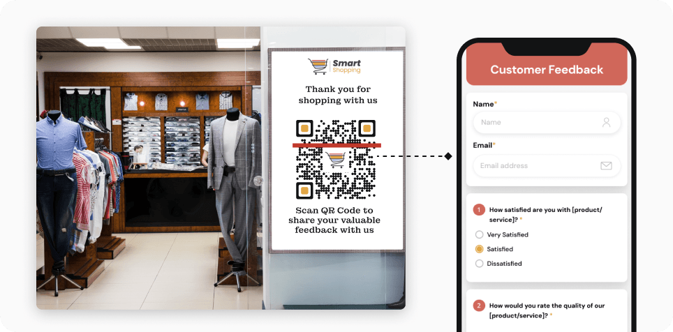 A Feedback QR Code outside a retail store. Customer can scan the code to provide their valuable feedback.