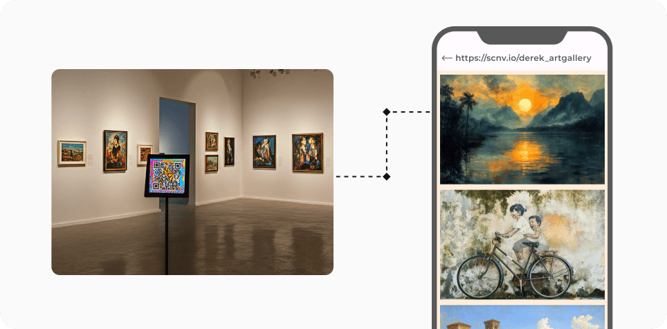 AI-generated QR Code being used in an exhibition to provide additional information and virtual tours